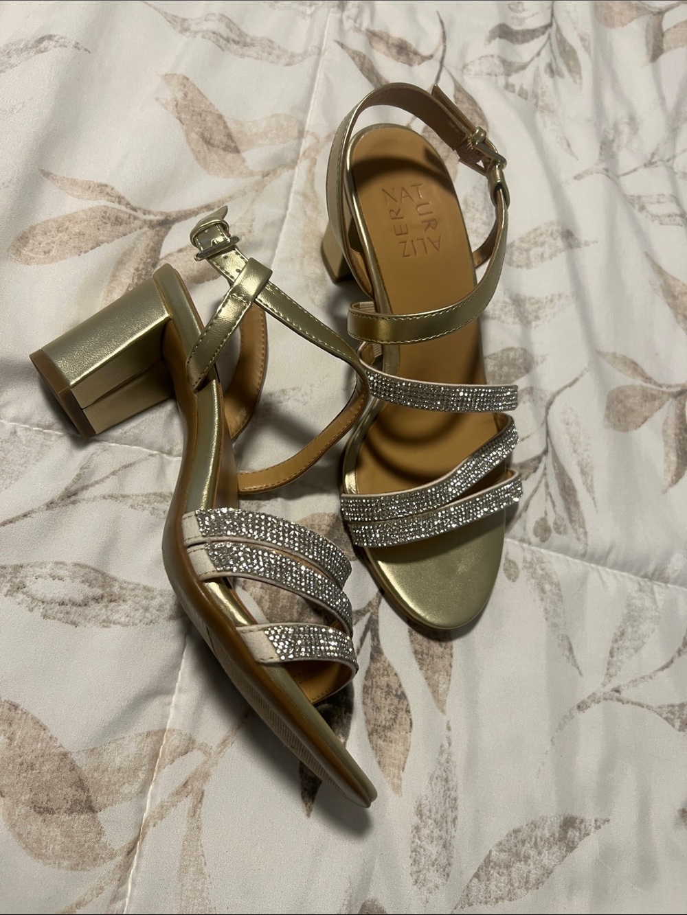 Naturalizer Metallic Gold Rhinestone Strappy Block Heels 6W